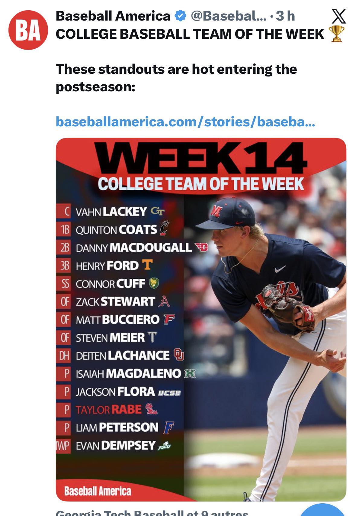 Deiten Lachance est élu au sein de « L’équipe collégiale américaine de la semaine » de Baseball America!